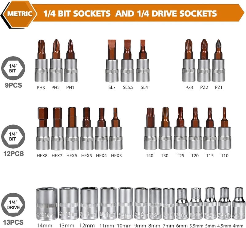 Egofine 46 Pieces 1/4 inch Drive Socket Ratchet Wrench Set, with 72-Teeth Ratchet Wrench, S2 Bit Socket Set, Extension for Auto Repairing and Household, with Storage Case - Image 3